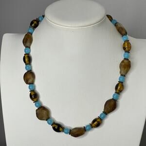 beaded necklace brown and turquoise colored glass and glass look beads tribal